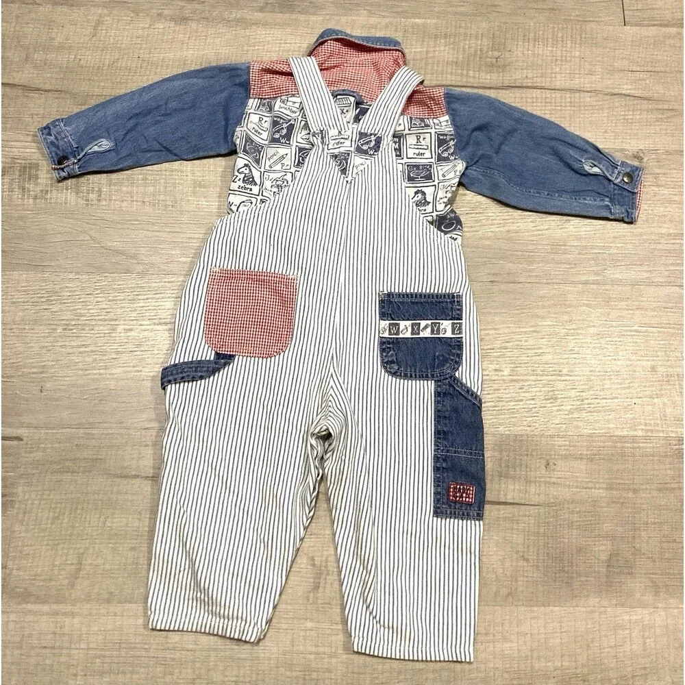 Vintage 90 Baby Gap Boys Stripe Denim Overalls & Shirt XL 18-24 Months Snaps